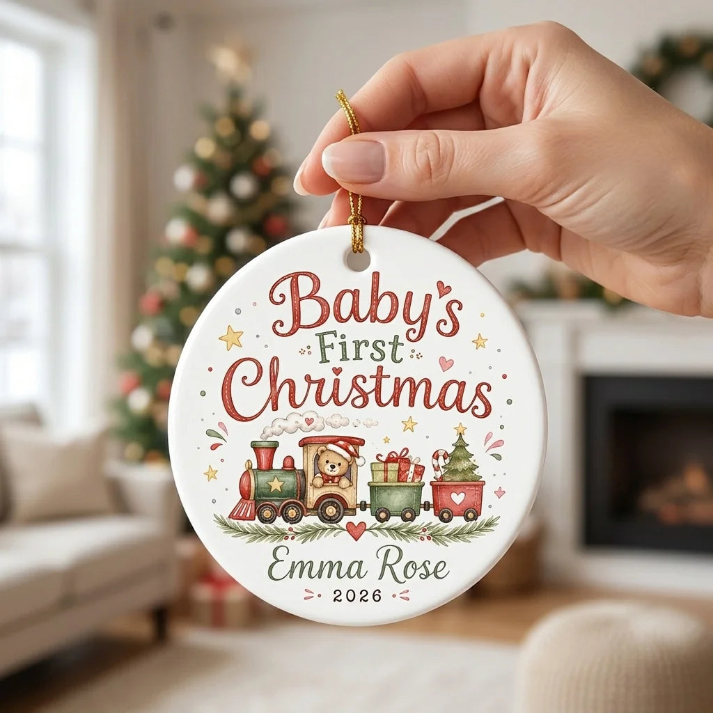 Christmas Train Personalized Baby First Christmas Ornament hand