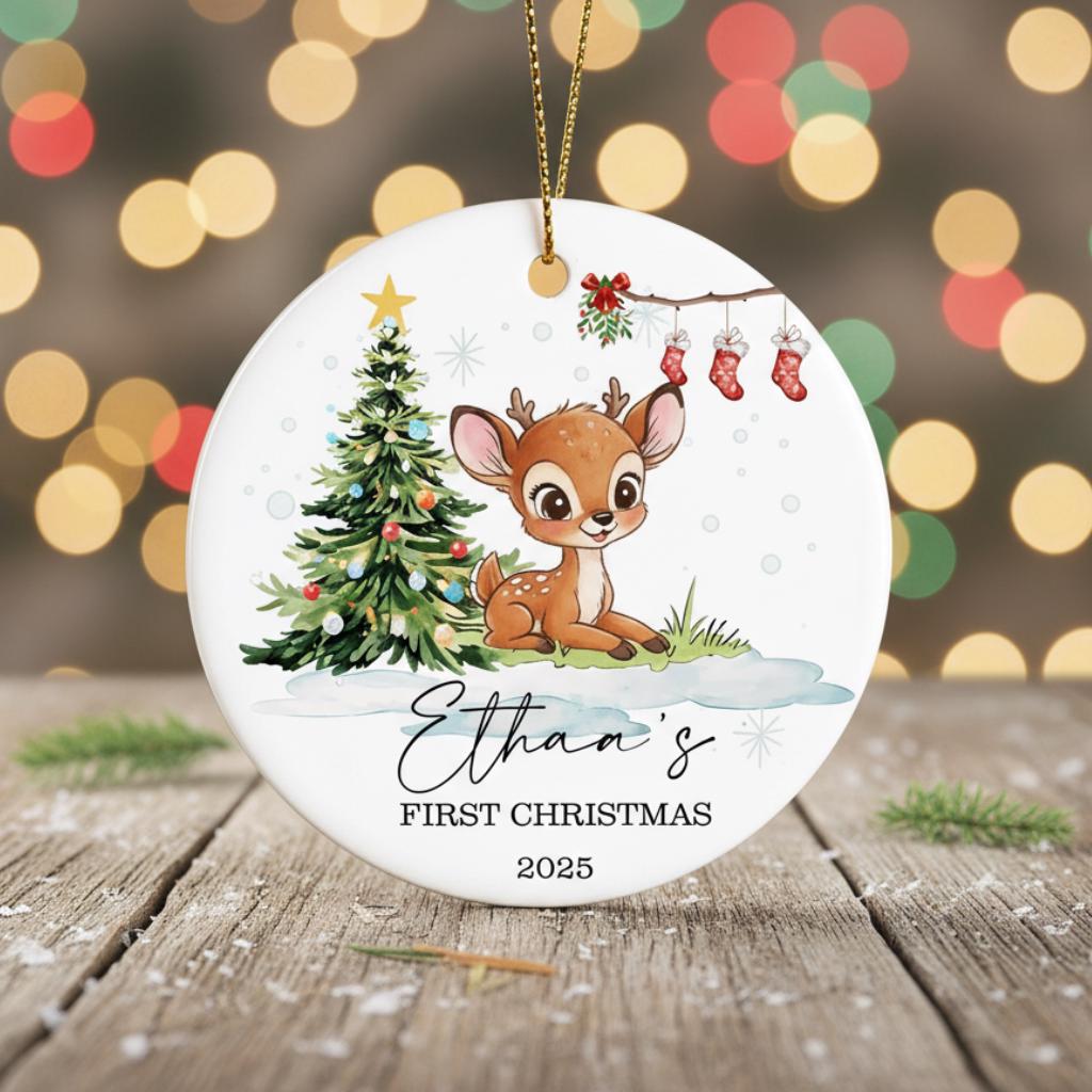 Christmas ornament with a deer and Christmas tree, featuring 'Ethan's First Christmas 2025' text, against a festive background.
