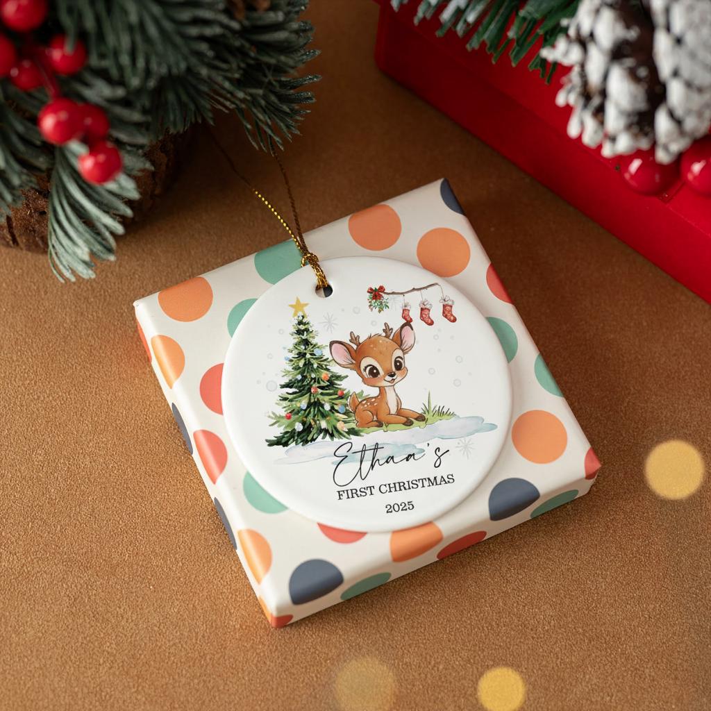 Christmas ornament with a deer and tree design on a colorful box, surrounded by festive decorations.