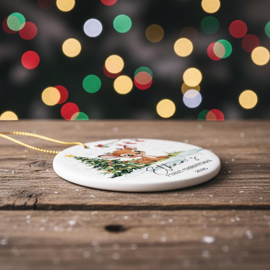 Christmas ornament with reindeer design on a wooden surface with blurred lights in the background