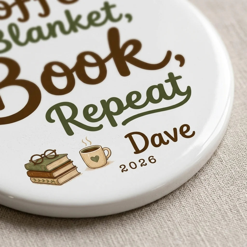 Coffee, Blanket, Book, Repeat Personalized Book Lover Retirement Christmas Ornament detail