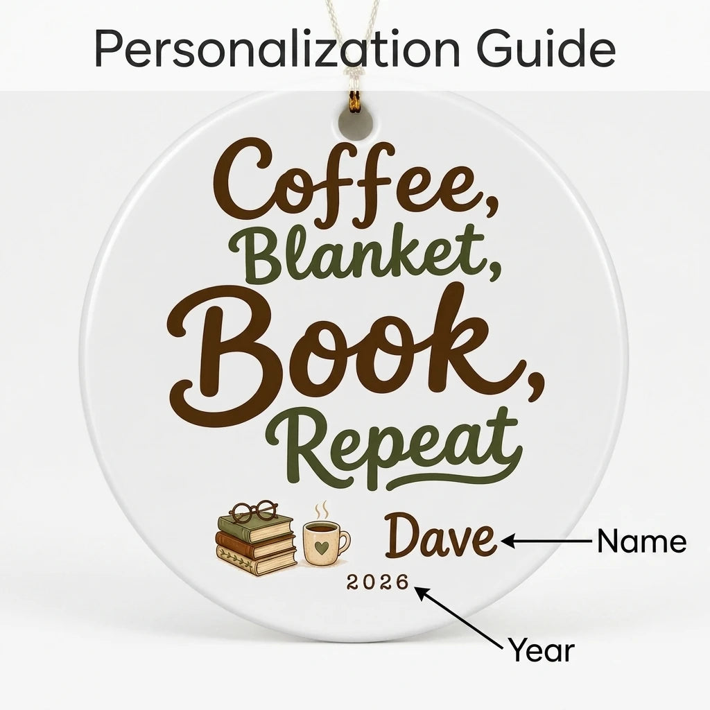 Coffee, Blanket, Book, Repeat Personalized Book Lover Retirement Christmas Ornament guide