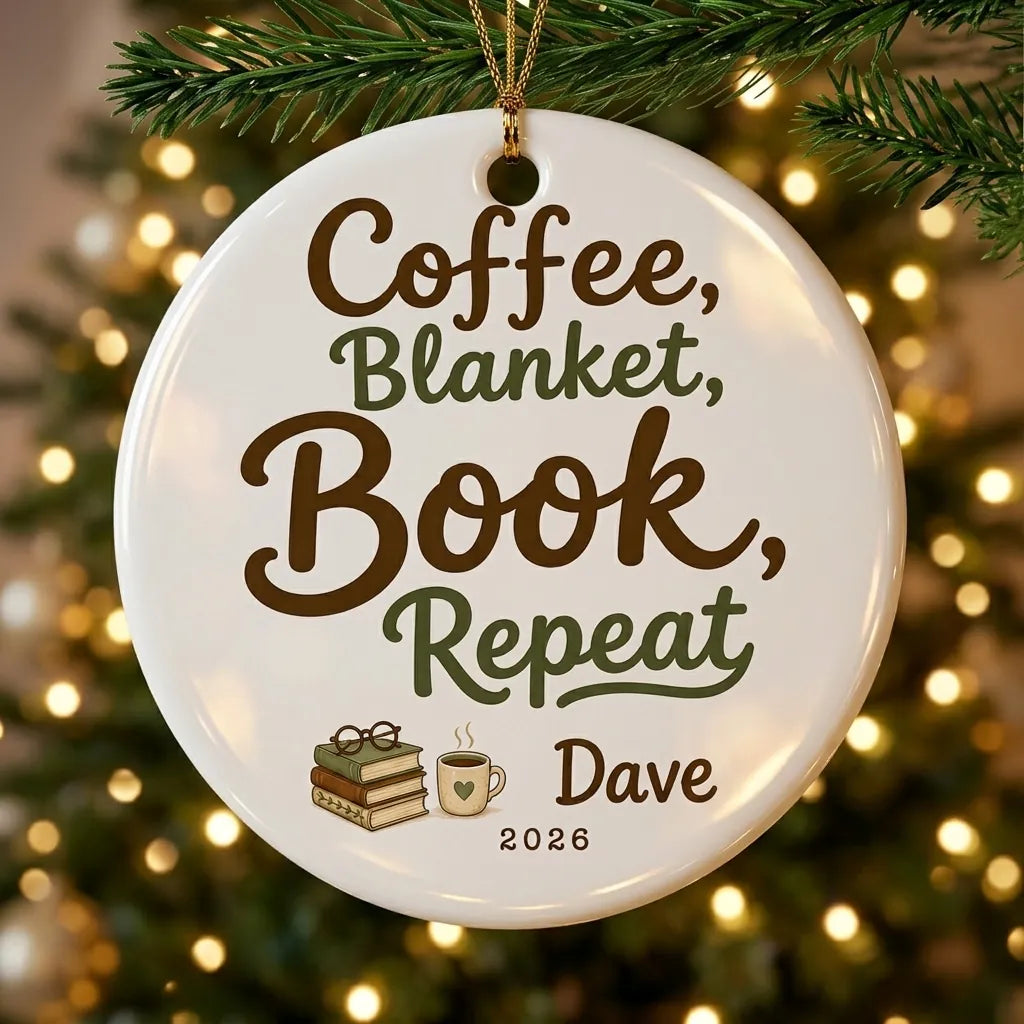 Coffee, Blanket, Book, Repeat Personalized Book Lover Retirement Christmas Ornament tree