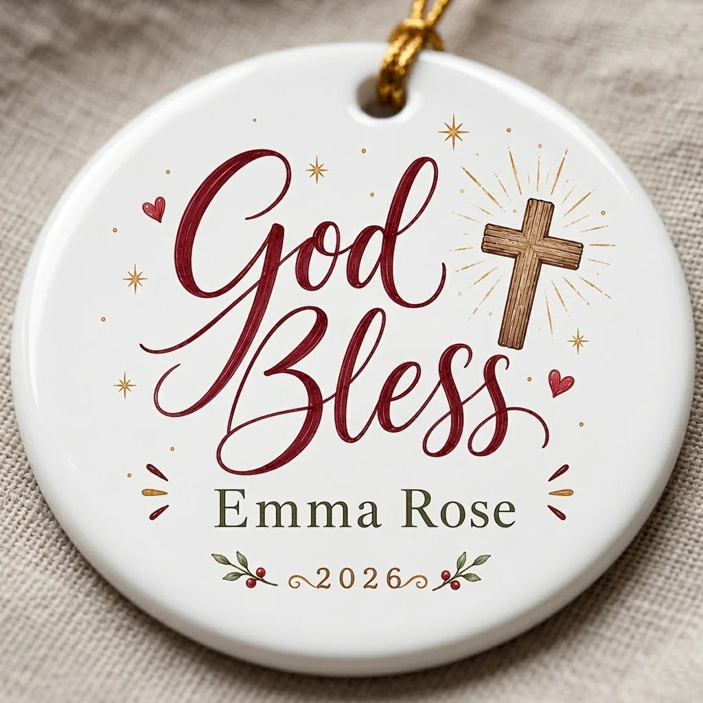 Cross & Holly Personalized Cross Christmas Ornament detail