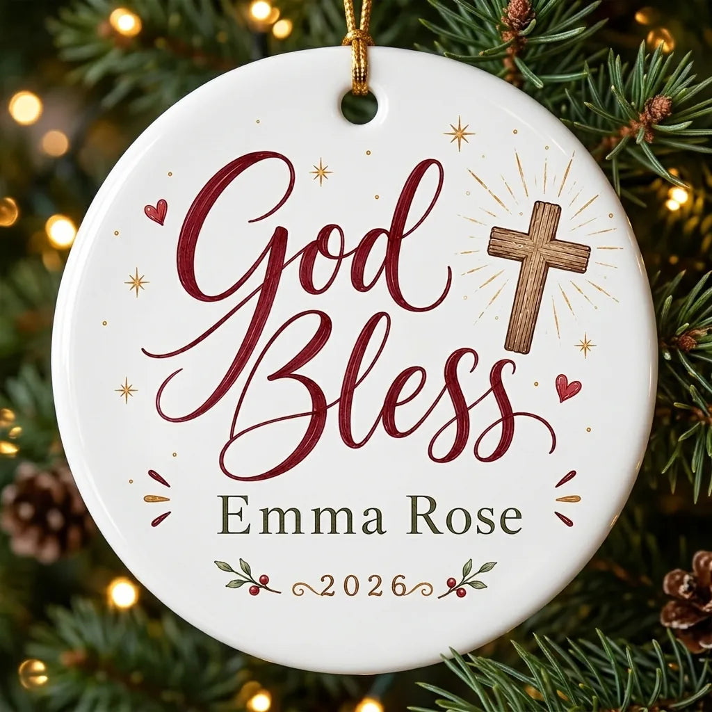 Cross & Holly Personalized Cross Christmas Ornament tree