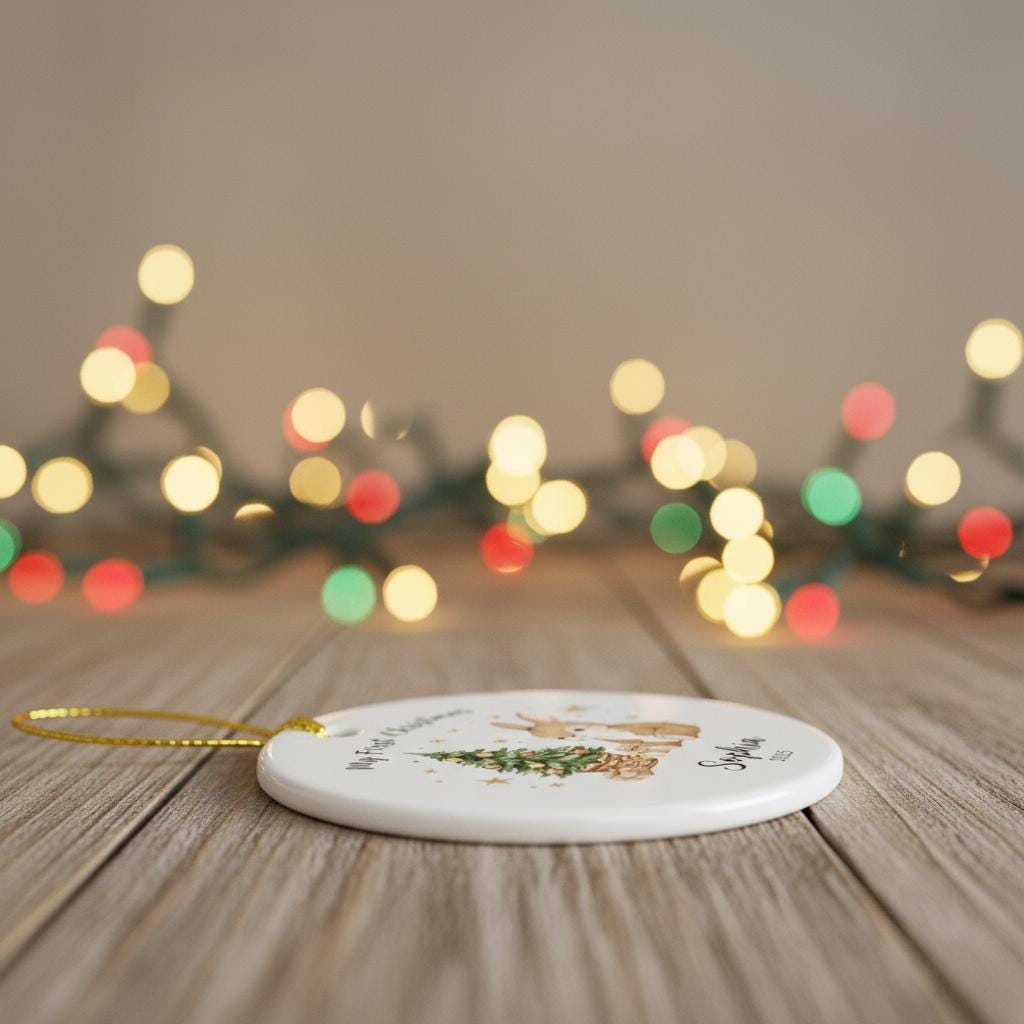 Decorative Christmas ornament on a wooden surface with blurred lights in the background