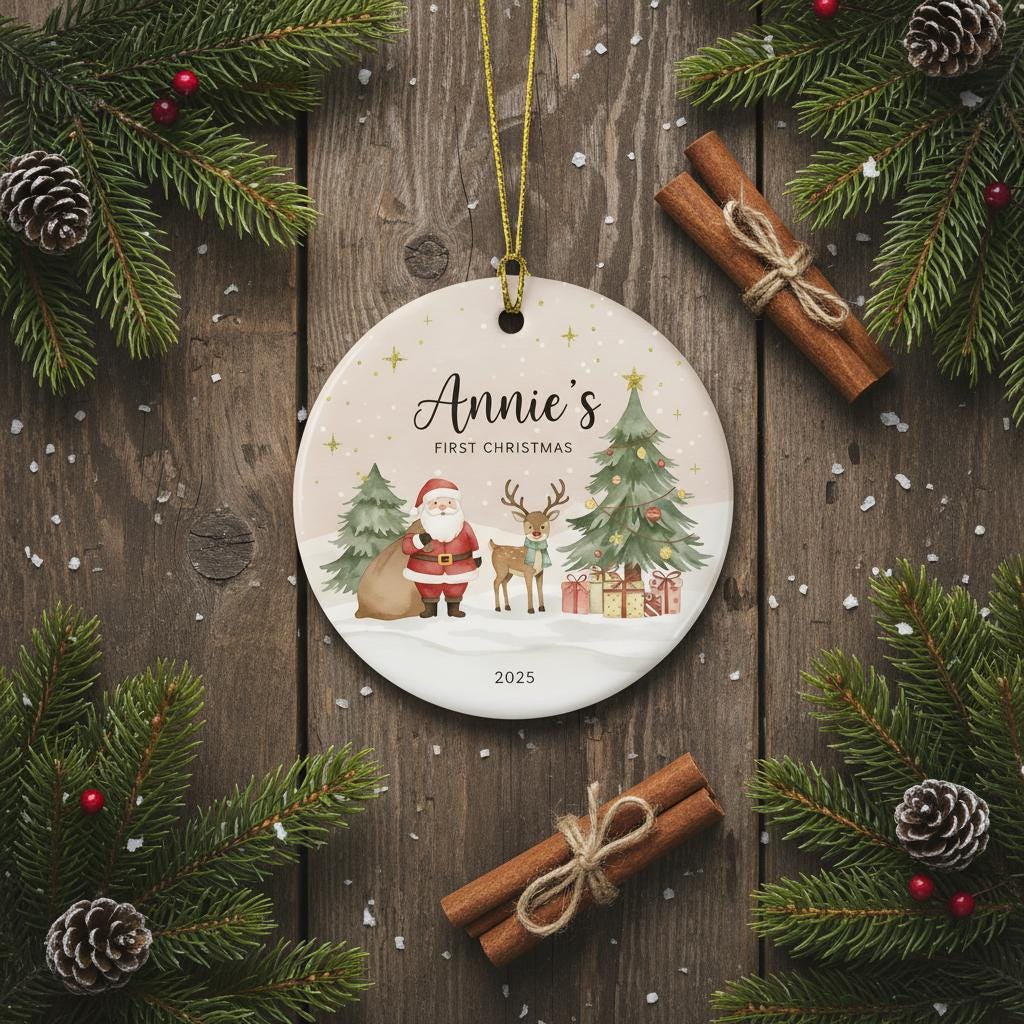 Decorative Christmas ornament with 'Annie's First Christmas' text on a wooden background with festive elements.