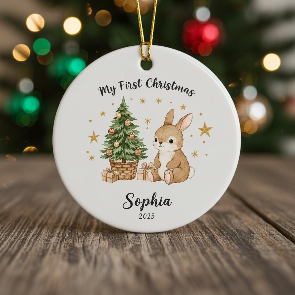 Decorative Christmas ornament with a rabbit and tree, personalized with 'My First Christmas Sophia 2025', against a festive background.