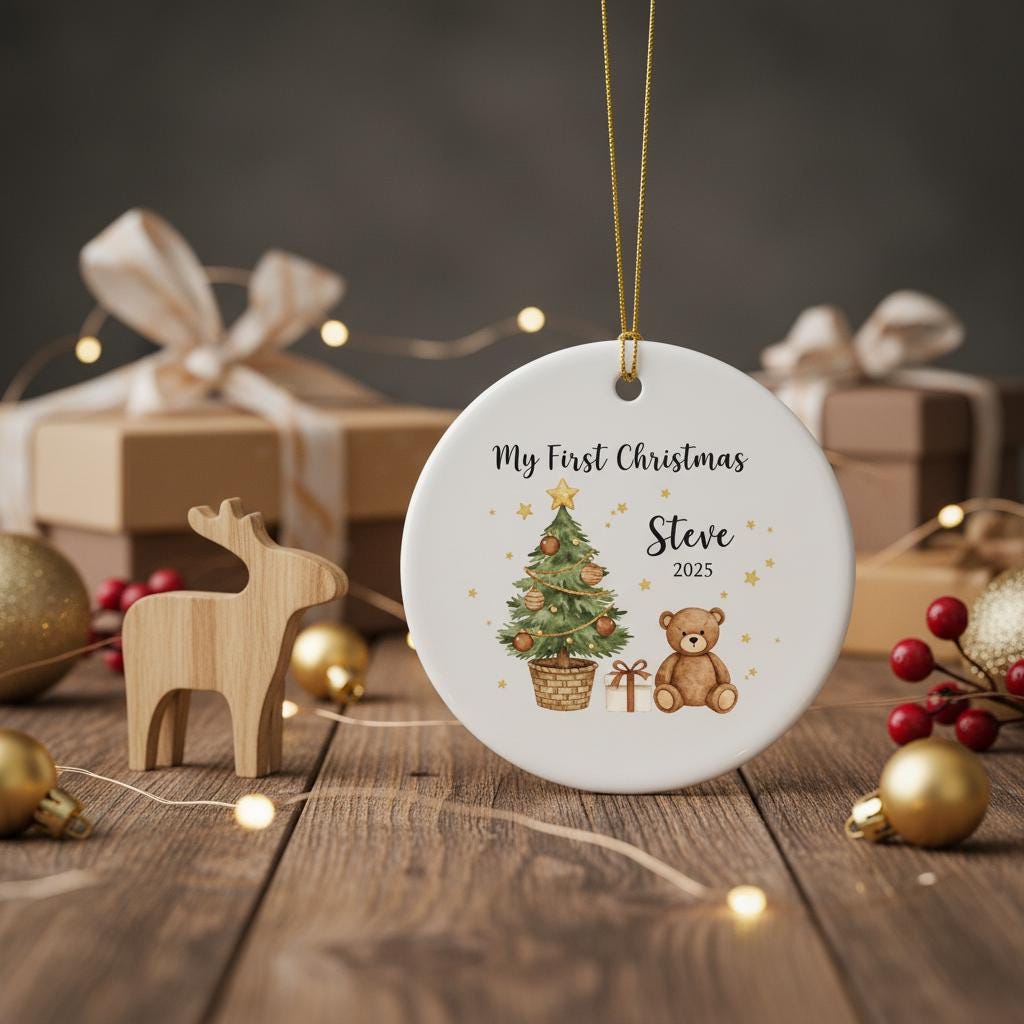 Decorative Christmas ornament with tree, reindeer, and teddy bear on a wooden surface with gift boxes and decorations.