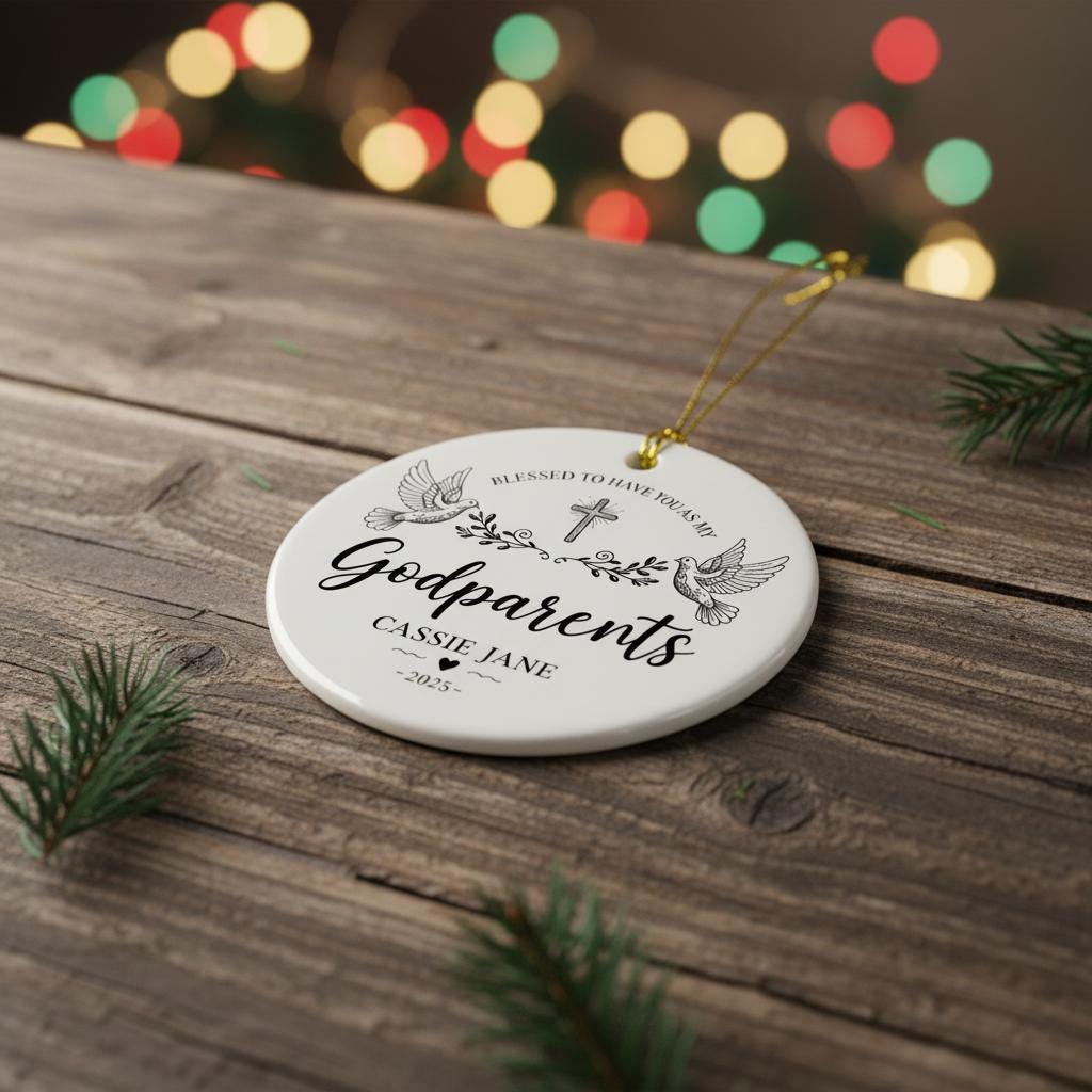 Decorative ornament for godparents on a wooden surface with festive lights in the background