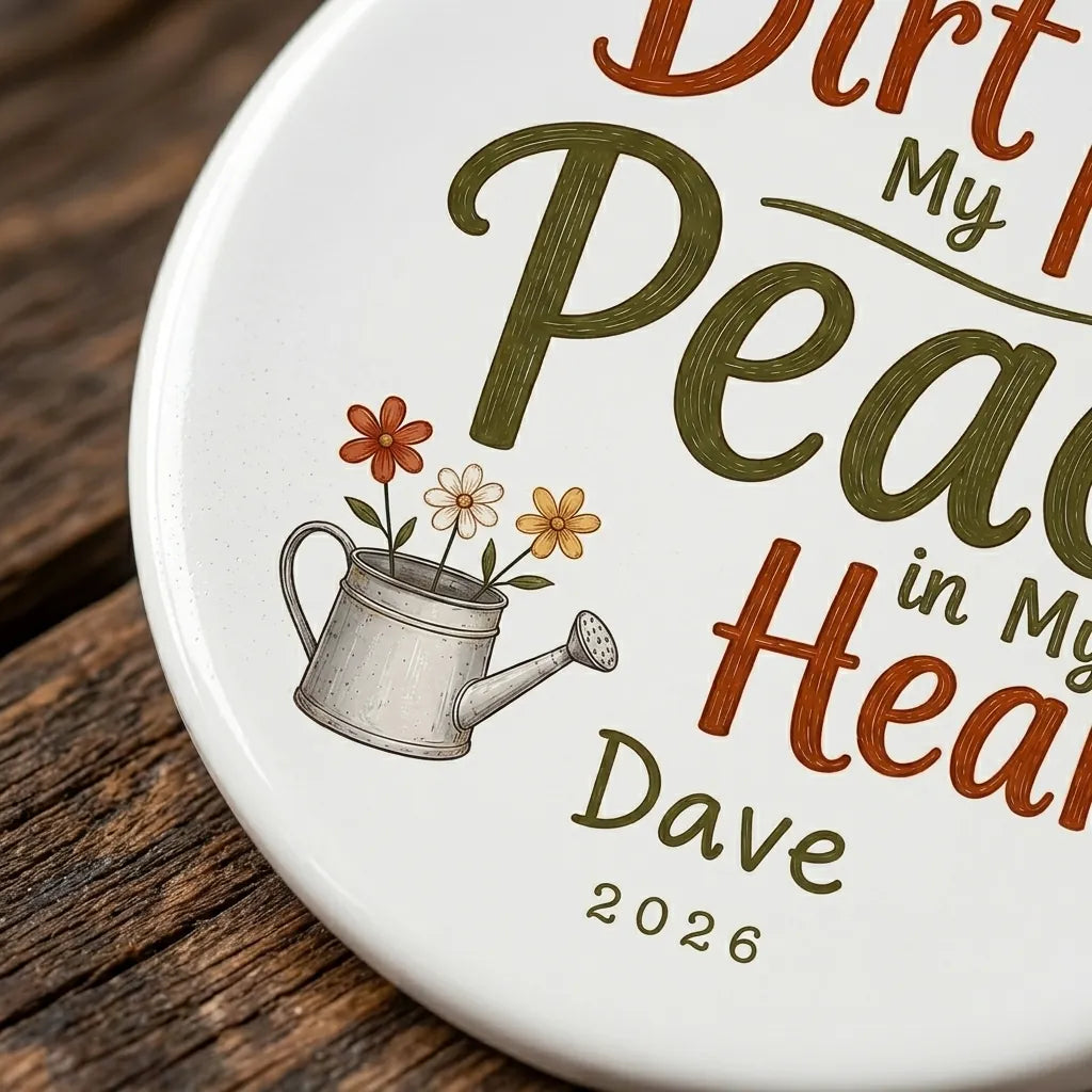 Dirt Under My Nails, Peace in My Heart Personalized Gardening Retirement Christmas Ornament detail
