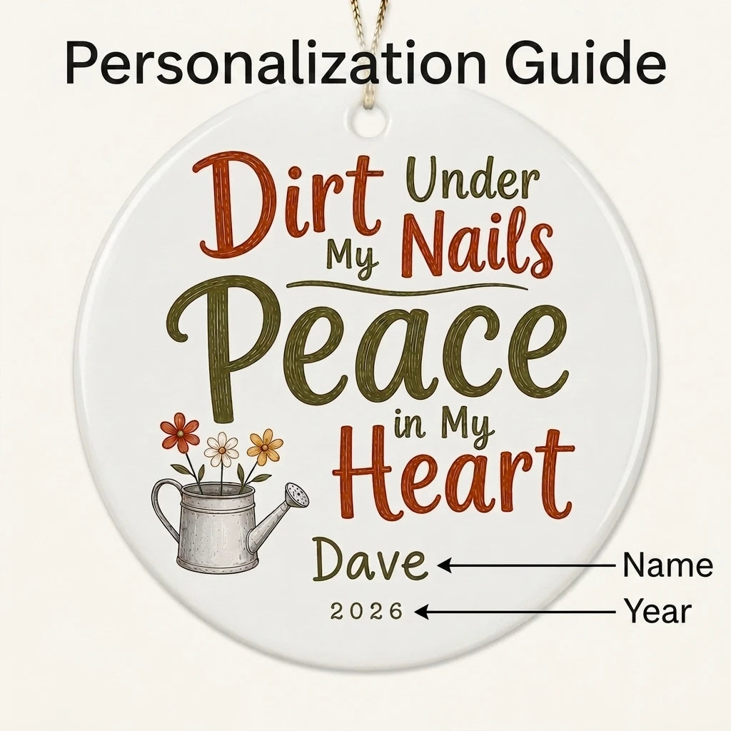 Dirt Under My Nails, Peace in My Heart Personalized Gardening Retirement Christmas Ornament guide