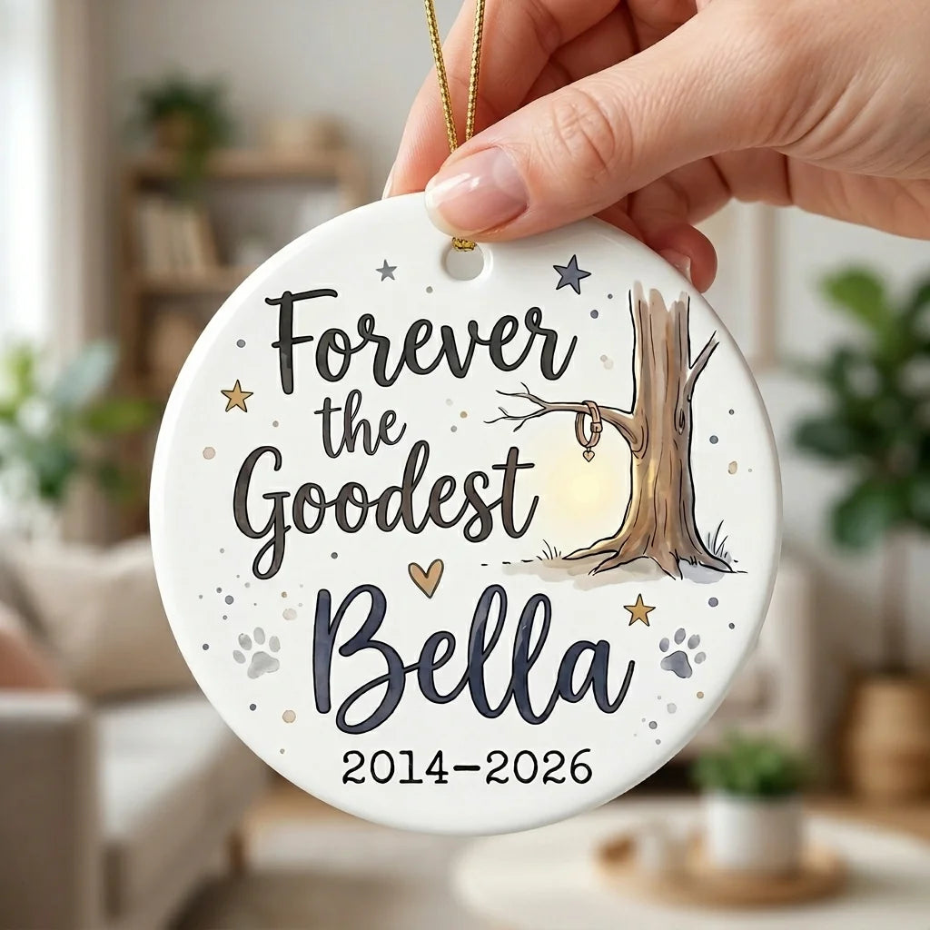 Dog at Tree Personalized Pet Memorial Christmas Ornament 2026 hand 3