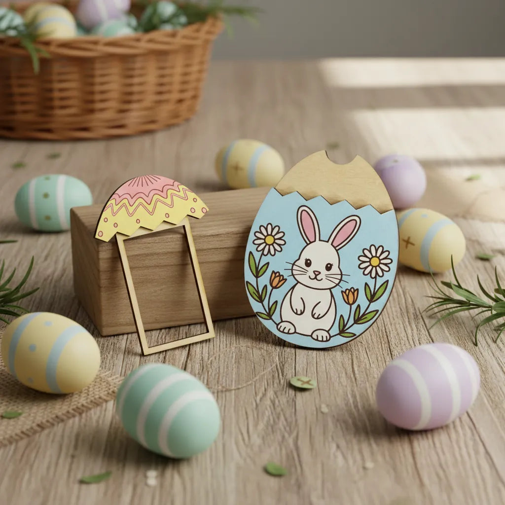Decorative Easter egg with a rabbit design on a wooden surface with colorful eggs and a basket.