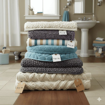 Stack of folded towels with price tags in a bathroom setting