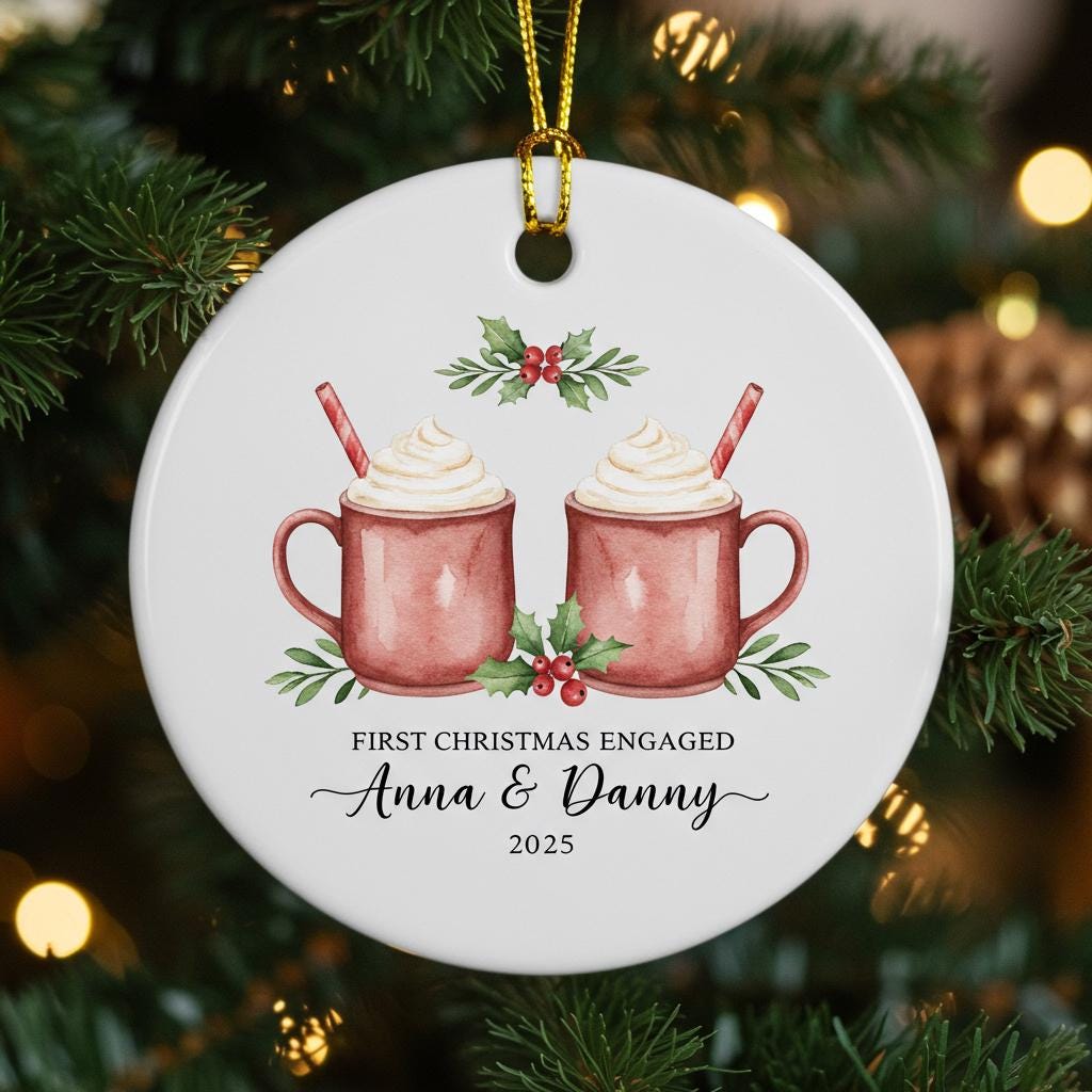 Christmas ornament with two mugs of hot chocolate, holly leaves, and personalized text on a tree.