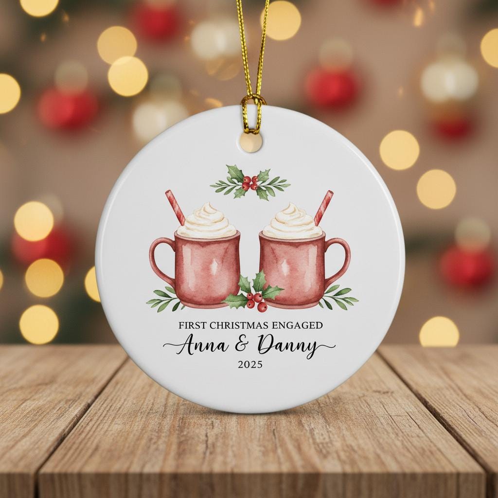 Christmas ornament with two mugs of hot chocolate, holly leaves, and personalized text against a blurred festive background.