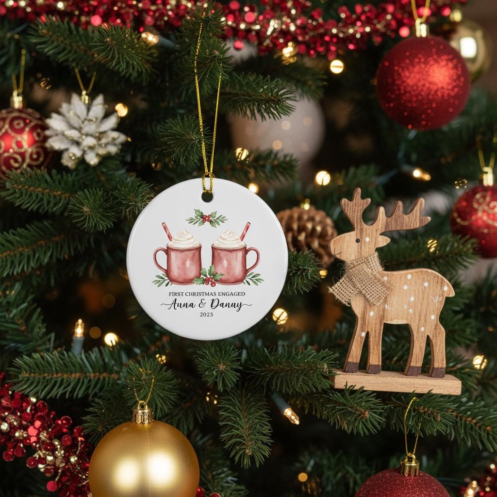 Christmas ornament with 'First Christmas Engaged' text on a decorated tree.