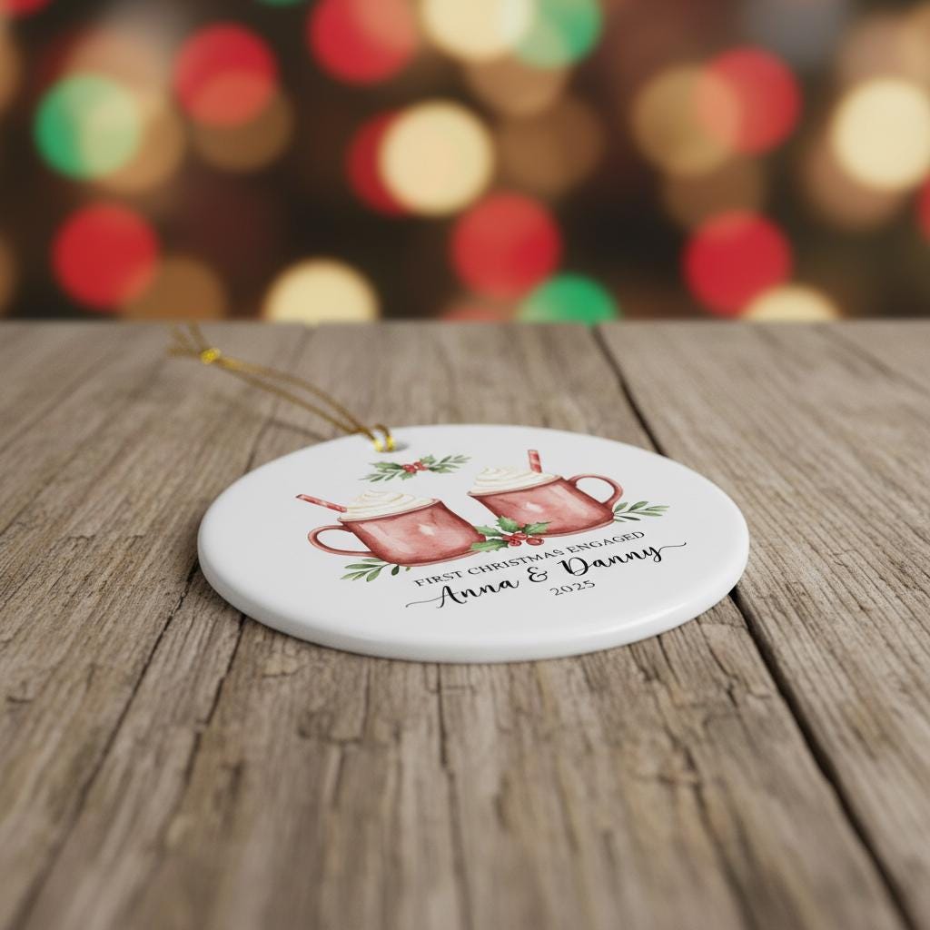 Personalized Christmas ornament with two mugs on a wooden surface with blurred lights in the background