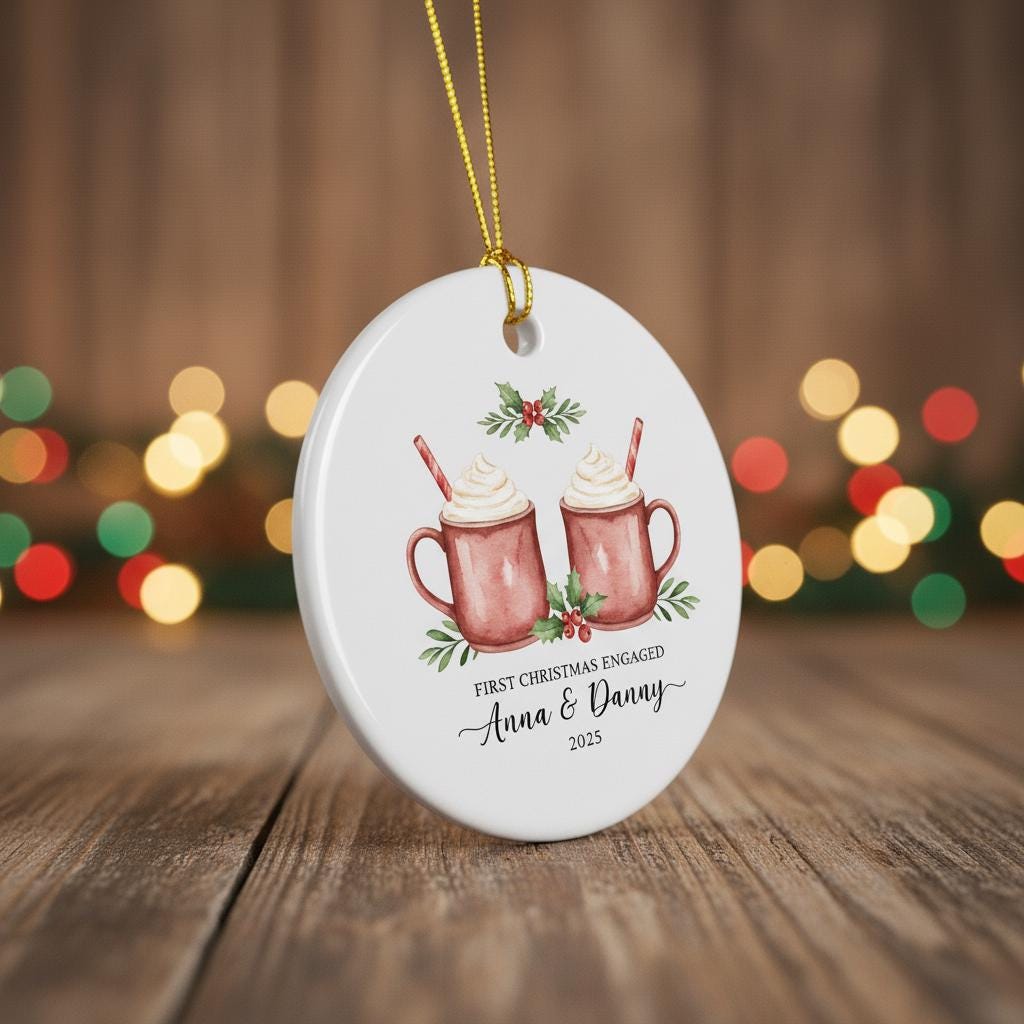 Decorative ornament with hot chocolate mugs and text on a wooden surface with blurred lights in the background