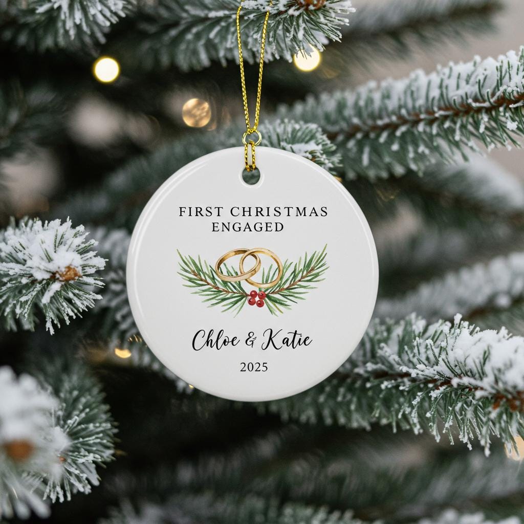 Decorative ornament for 'First Christmas Engaged' on a Christmas tree with rings and foliage.
