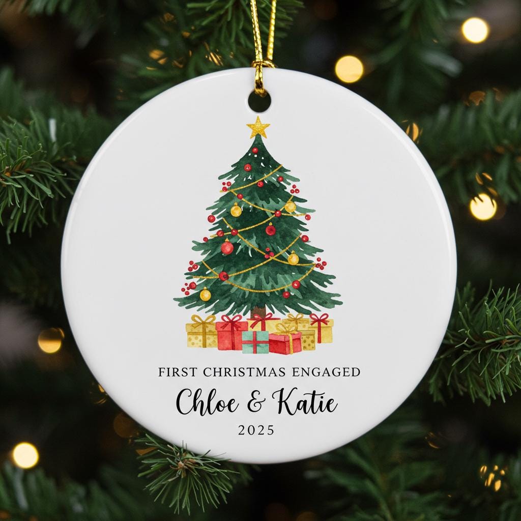 Christmas ornament with a tree and presents on a white background, hanging on a decorated tree.