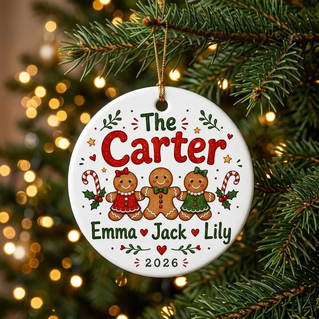 Gingerbread Family Personalized Family Names Christmas Ornament 2026 tree