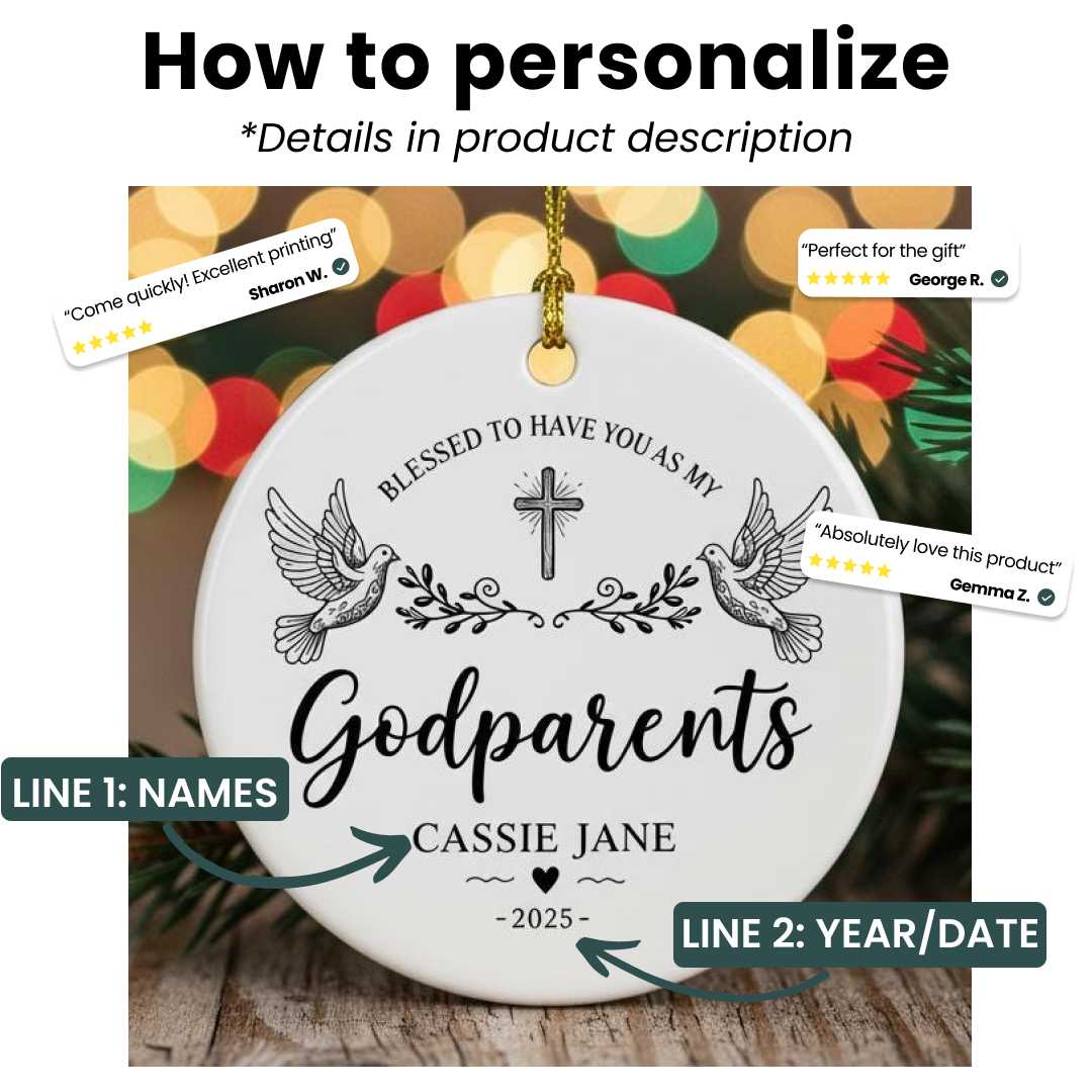 Decorative ornament with text 'Blessed to have you as my Godparents' and space for names and year, against a blurred background of lights and foliage.