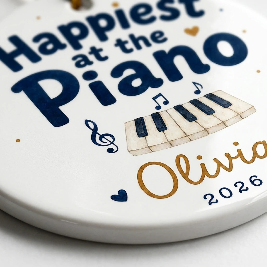 Happiest at Piano Watercolor Personalized Music Christmas Ornament 2026 detail