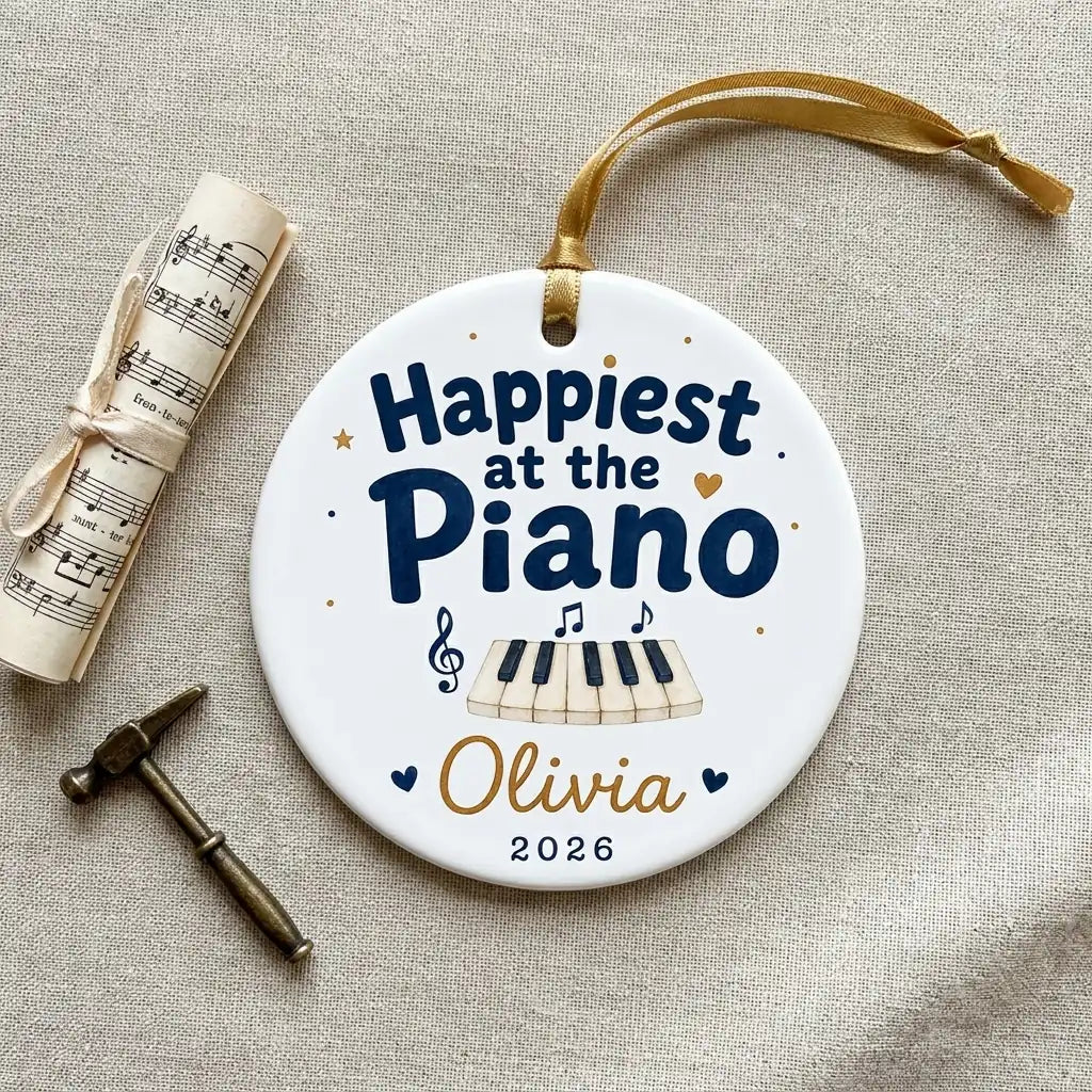 Happiest at Piano Watercolor Personalized Music Christmas Ornament 2026 detail 2