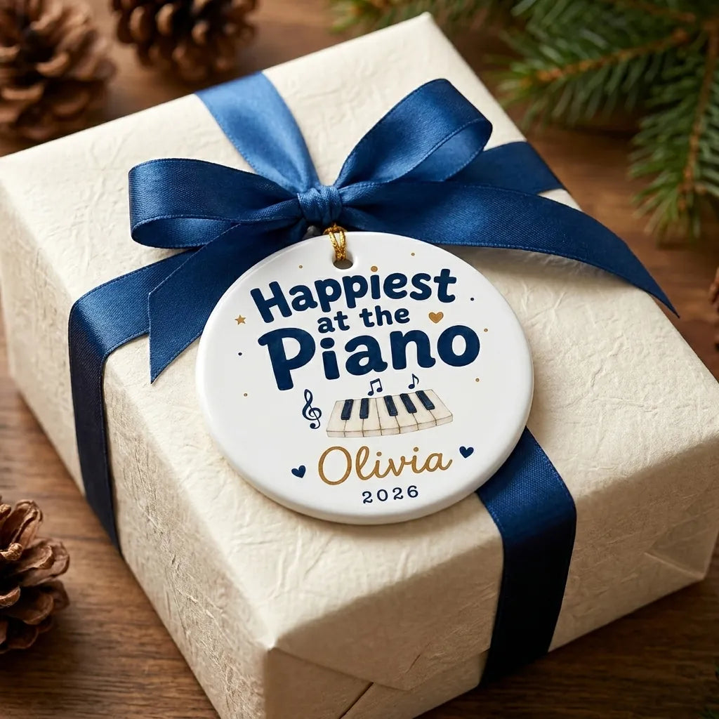 Happiest at Piano Watercolor Personalized Music Christmas Ornament 2026 gift