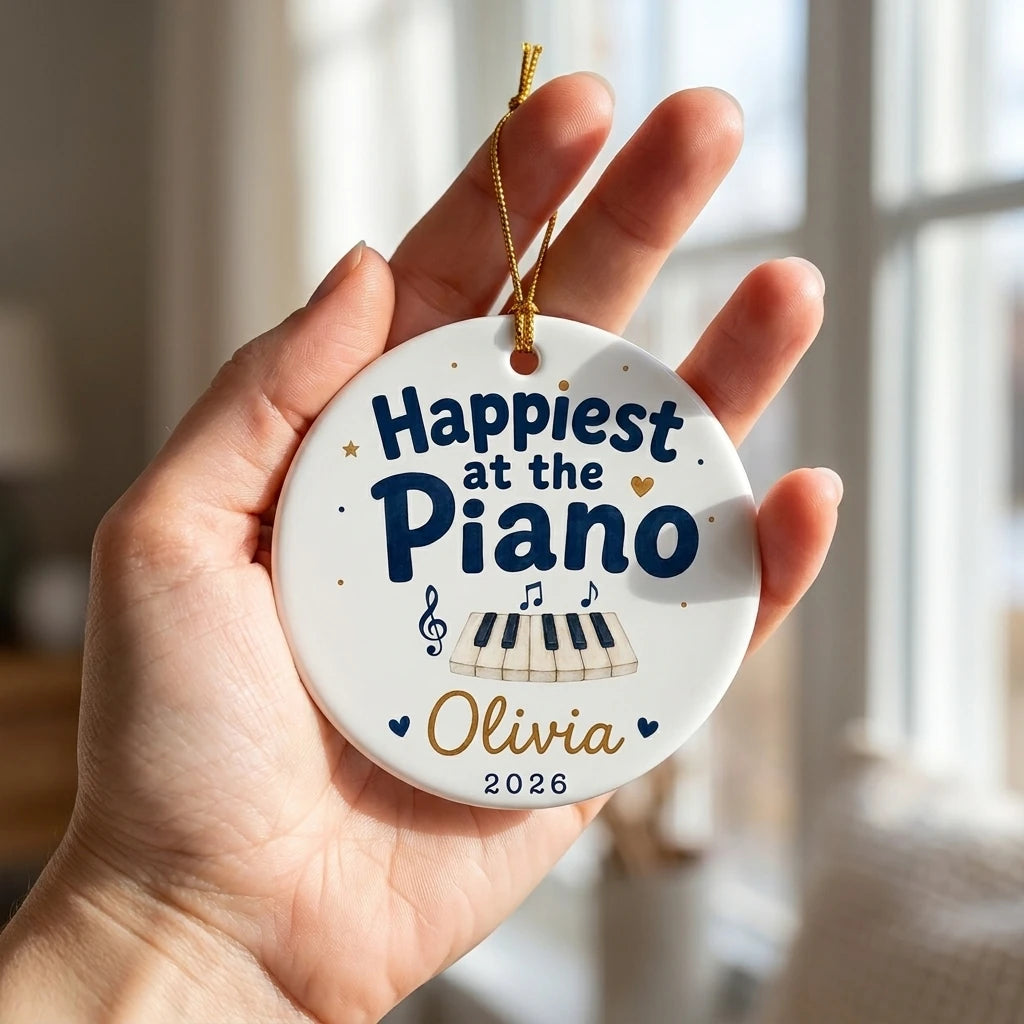Happiest at Piano Watercolor Personalized Music Christmas Ornament 2026 hand