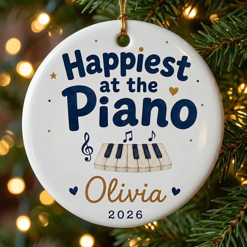 Happiest at Piano Watercolor Personalized Music Christmas Ornament 2026 tree