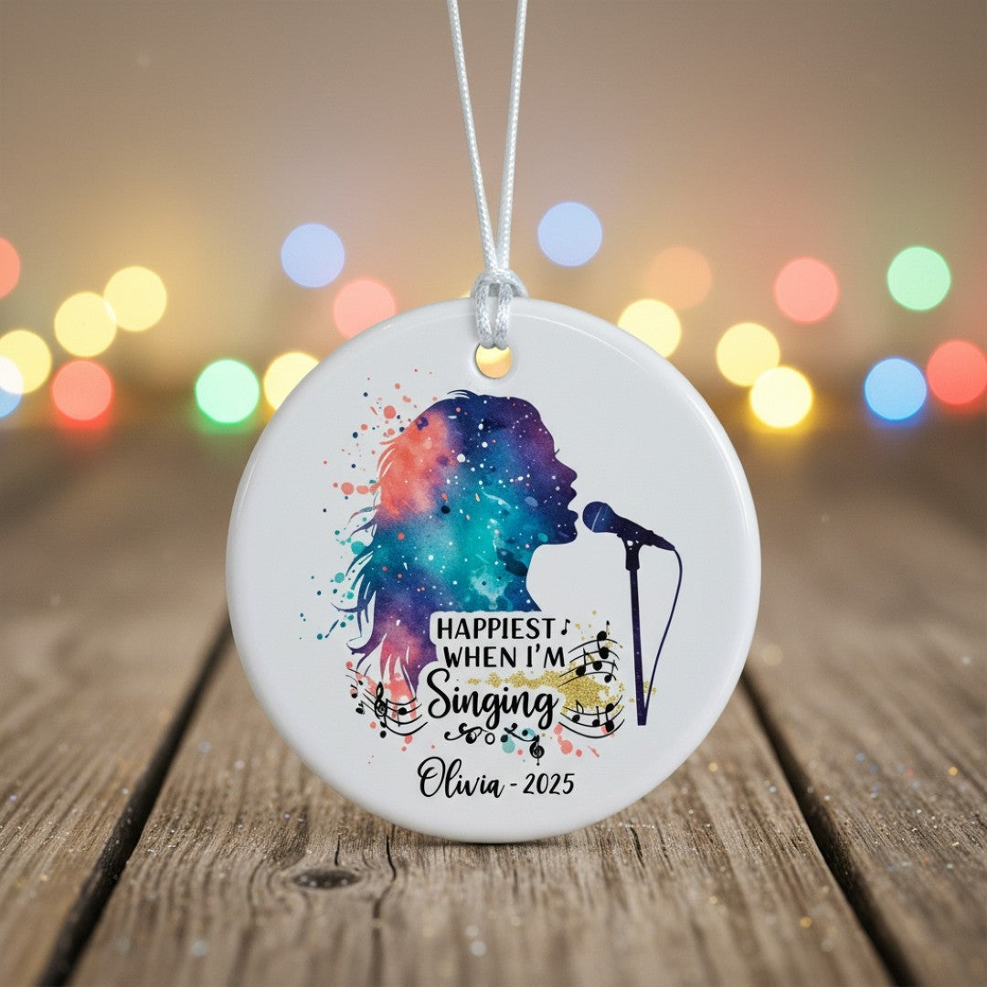 Decorative ornament with colorful silhouette of a person singing and text on a wooden surface with blurred lights in the background.