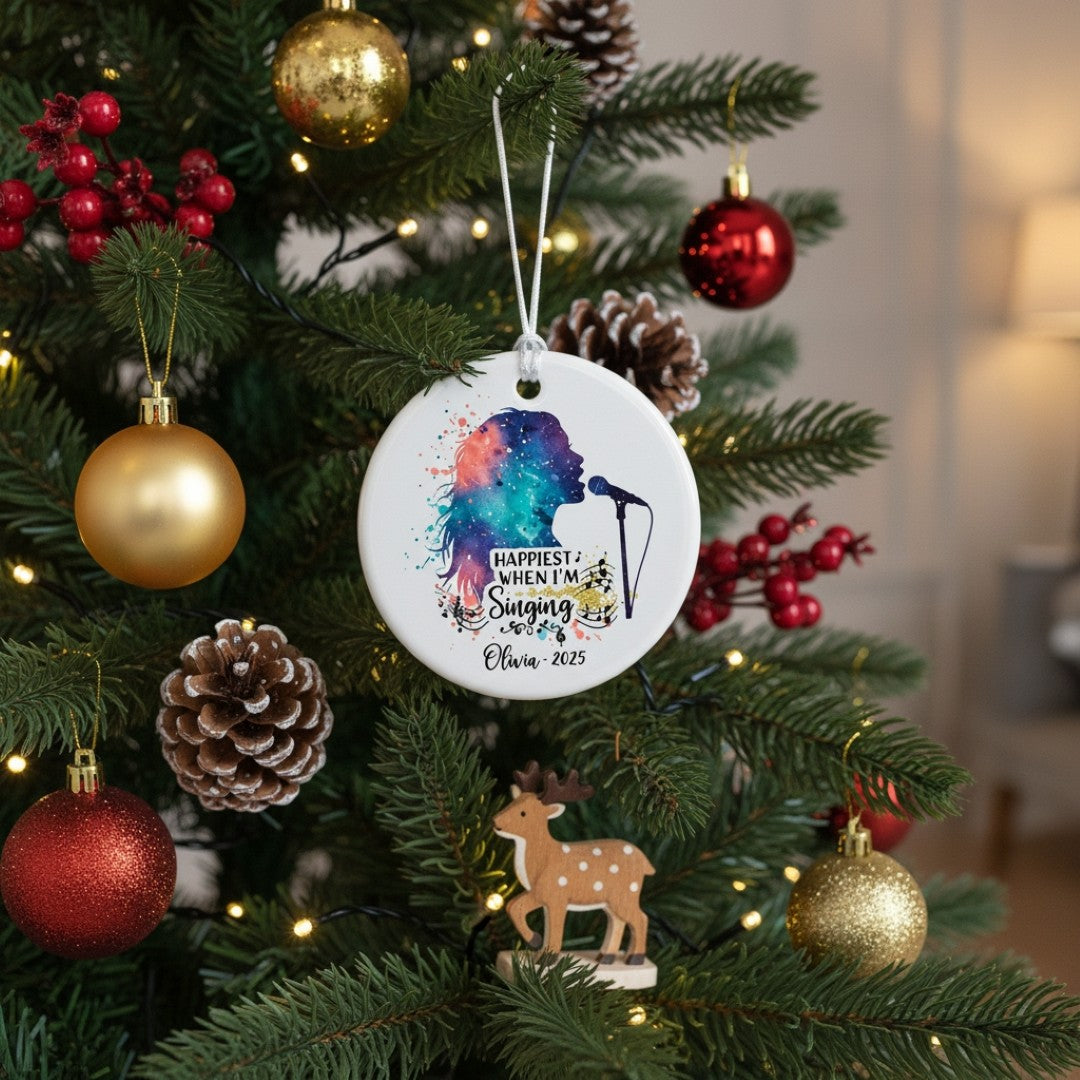 Decorative Christmas ornament with a colorful silhouette and text on a tree with ornaments.