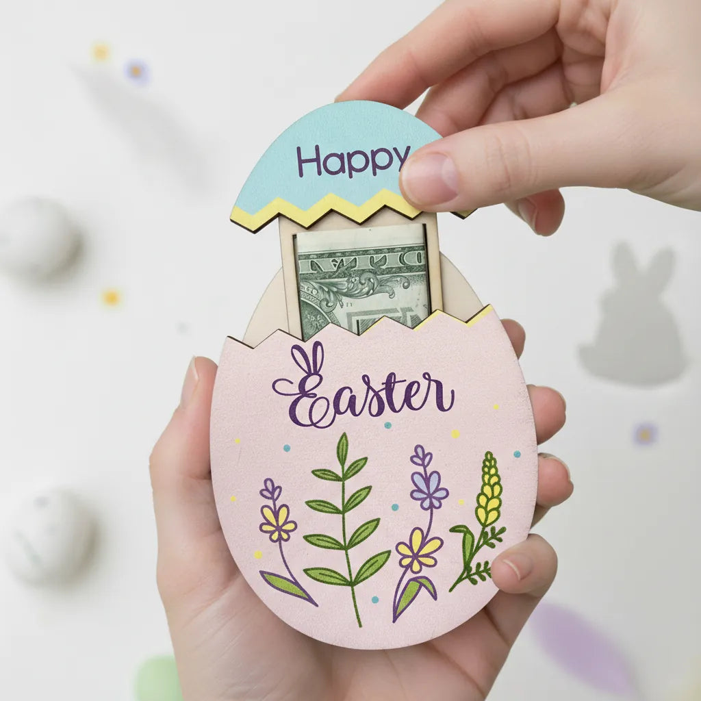 Hand holding a decorative Easter egg-shaped money holder with flowers and 'Happy Easter' text.