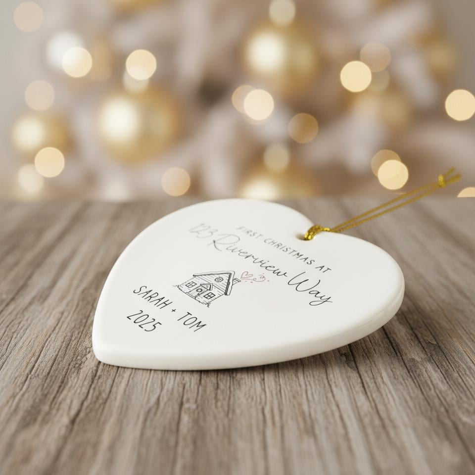 Heart-shaped ornament with personalized text on a wooden surface with blurred lights in the background