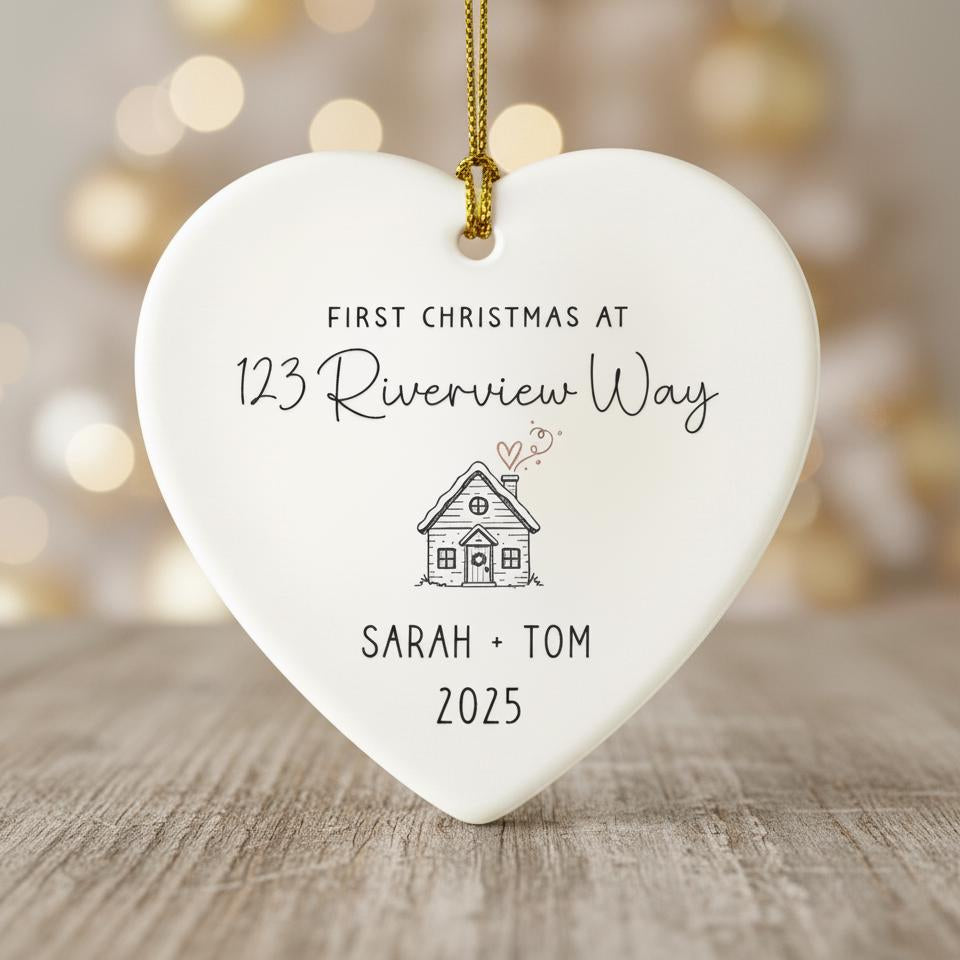Heart-shaped ornament with personalized text on a wooden surface with blurred lights in the background