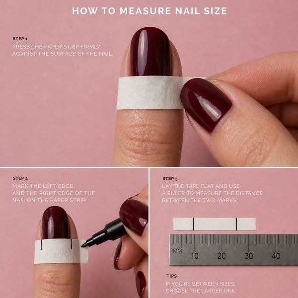 Instructions on how to measure nail size using a paper strip and ruler.