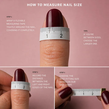 Instructions on how to measure nail size using a flexible measuring tape.