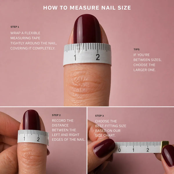 Instructions on how to measure nail size using a flexible measuring tape.