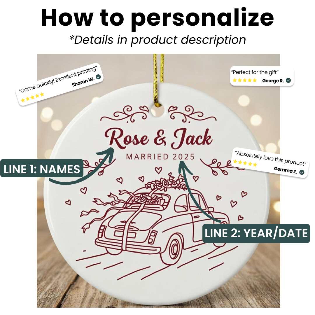 Personalized Ceramic Ornament 2025 - Just Married Car Ornament