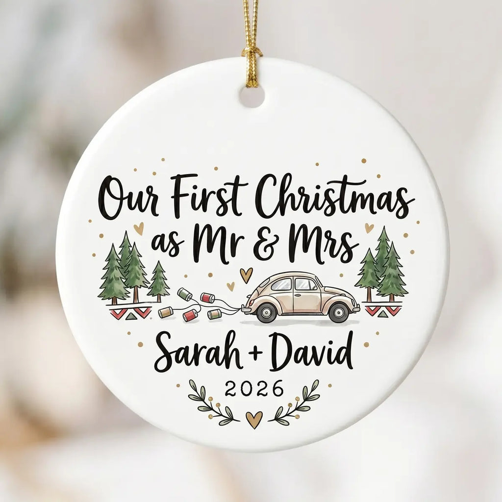 Just Married Car Personalized First Married Christmas Ornament 2026 detail