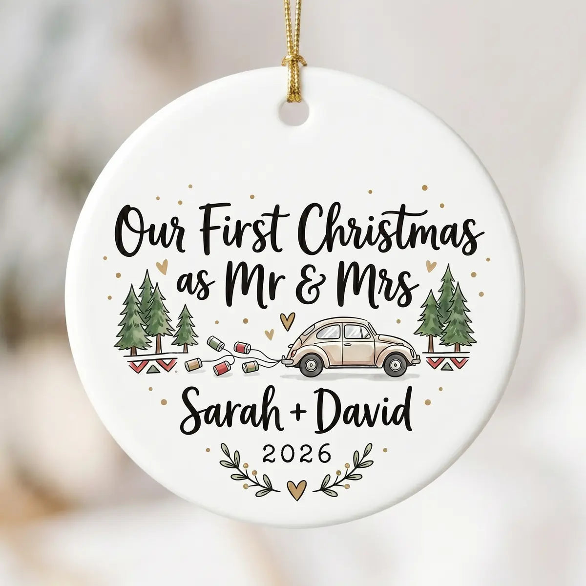 Just Married Car Personalized First Married Christmas Ornament 2026 detail