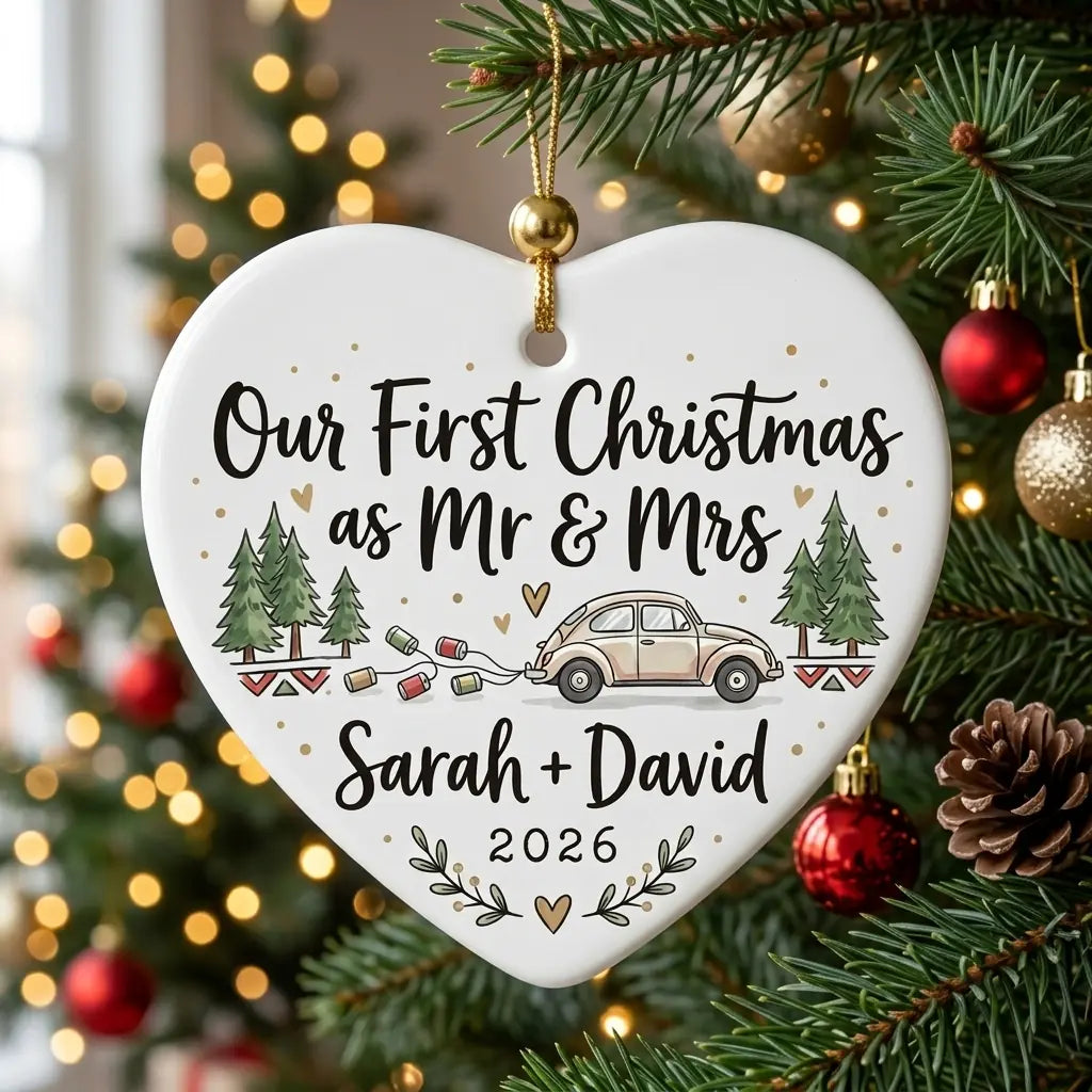 Just Married Car Personalized First Married Christmas Ornament 2026 tree