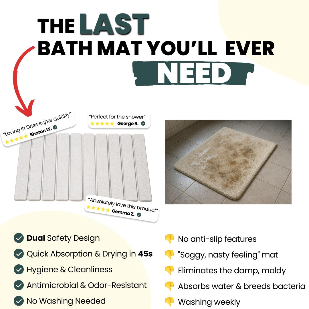 a bath mat with text and reviews on a white background