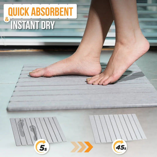 Person stepping onto a quick-drying mat with text indicating quick absorbent and instant dry properties.
