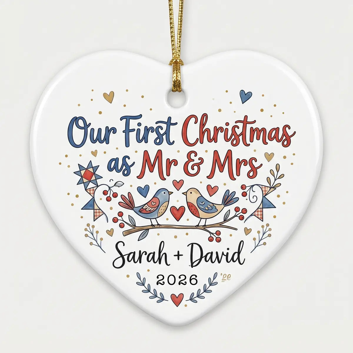 Love Birds Folk Personalized First Married Christmas Ornament 2026 detail