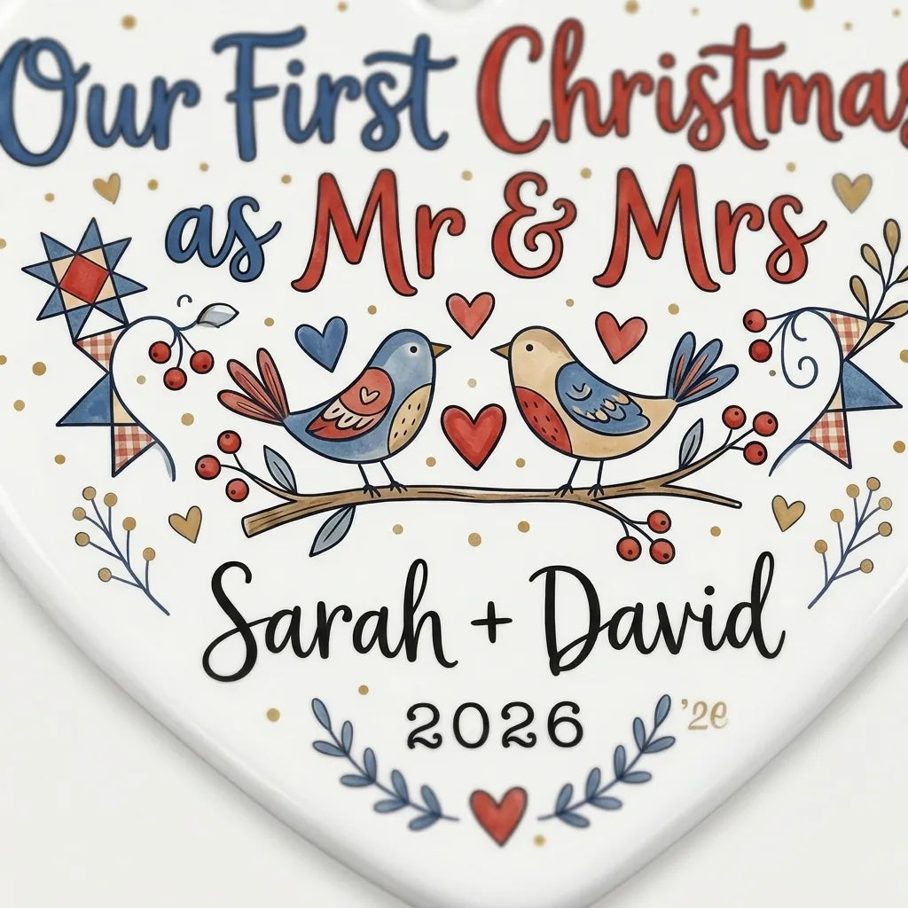 Love Birds Folk Personalized First Married Christmas Ornament 2026 detail 2