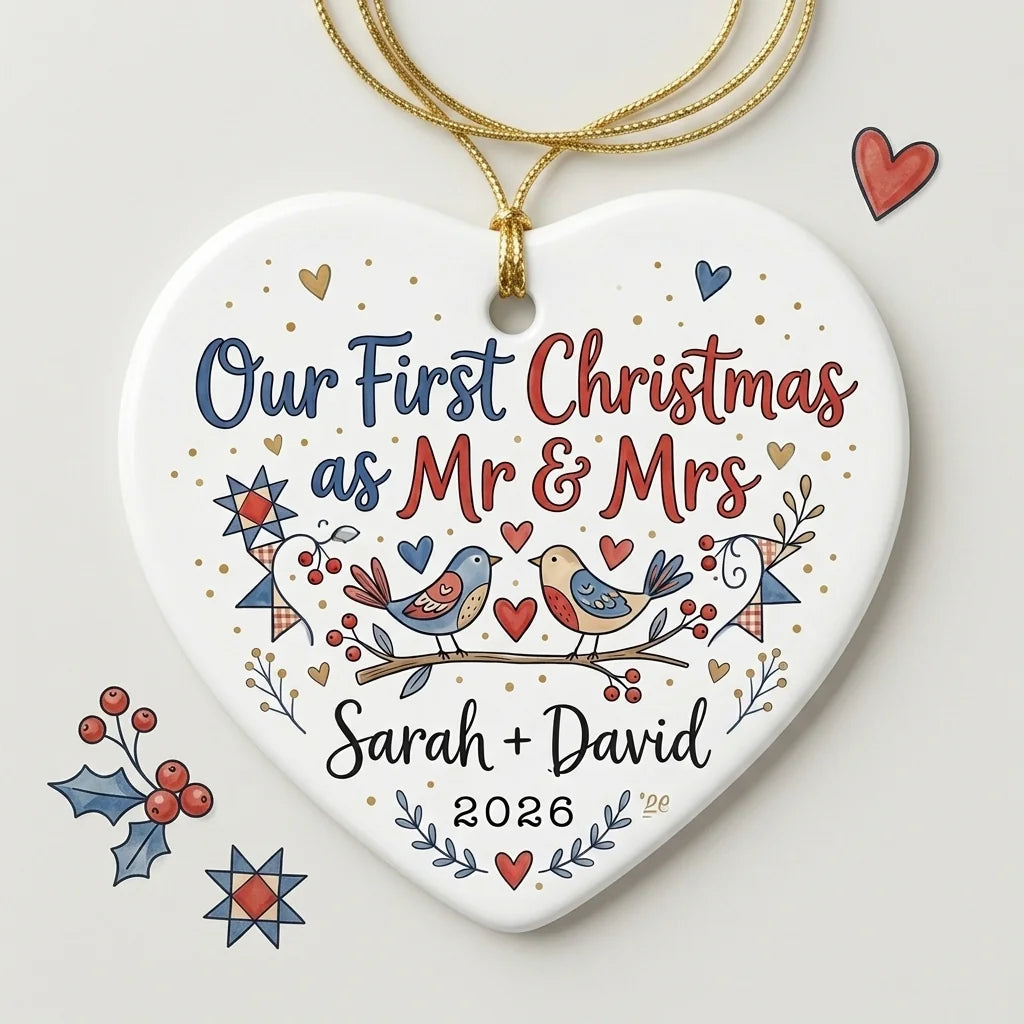 Love Birds Folk Personalized First Married Christmas Ornament 2026 detail 3